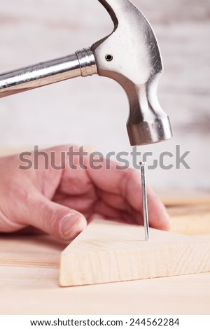 human hand working with a nail and a hammer