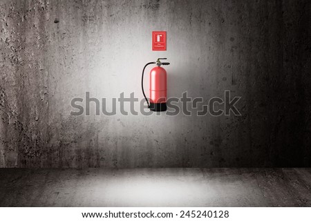 3d rendering of a fire extinguisher on a dirty wall