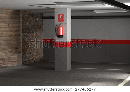 3d rendering of a fire extinguisher on a dirty garage