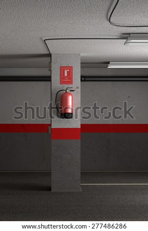 3d rendering of a fire extinguisher on a dirty garage