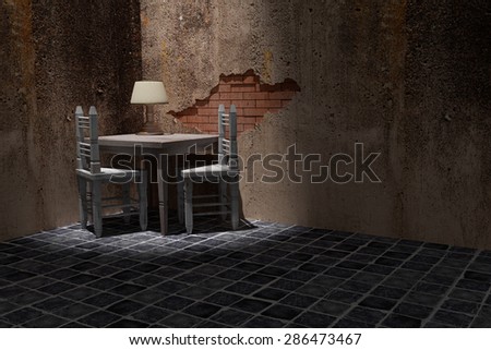 3d rendering of a rustic table and chairs on a dirty room