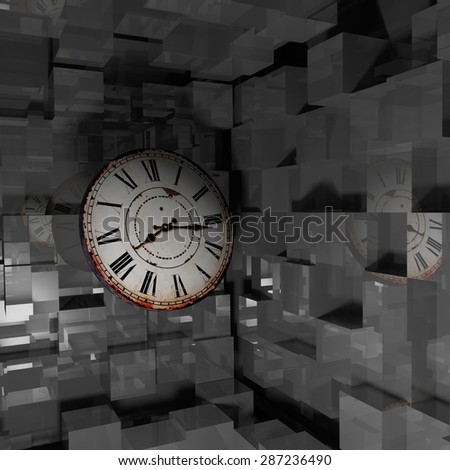 3d rendering of an abstract composition of an old clock on a cubes wall