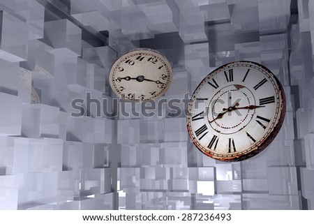 3d rendering of an abstract composition of an old clock on a cubes wall