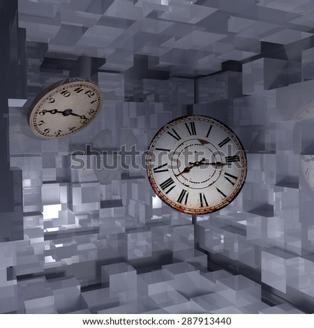 3d rendering of an abstract composition of an old clocks on a cubes wall