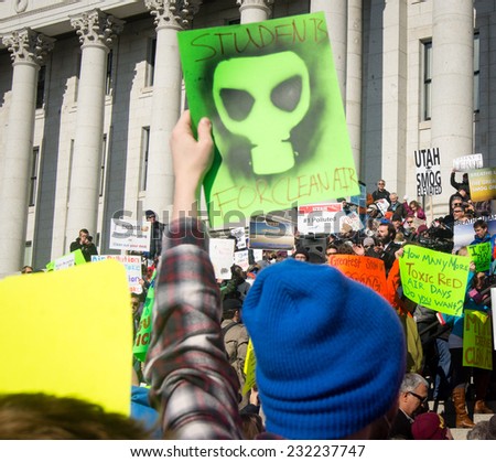 Salt Lake City, Utah - Jan. 25, 2014. A student holds a sign that says \
