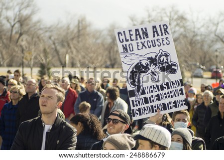Salt Lake City, UT, USA - January 31, 2015. A crowd gathers in front of the Utah State Capitol building demanding a solution to air pollution in Salt Lake City.