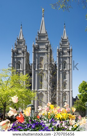 Salt Lake City, Utah, USA - April 18, 2015 - flowers in front of the Mormon temple in Salt Lake City, Utah.