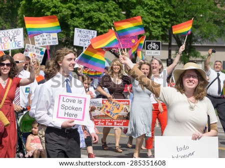Salt Lake City, Utah, USA - June 7, 2015. Members of the group Mormons Building Bridges march in the Salt Lake City, Utah Gay Pride Parade.