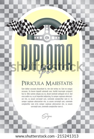 Diploma with a motif of the steering wheel and starting board for the winner of motor sport, motor-sports championship race go-karts, auto veteran, veteran race, historic car ride, cars, trucks