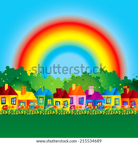 Background with the caricature of the single family homes in the spring, autumn and summer in the countryside, Rainbow after the rain