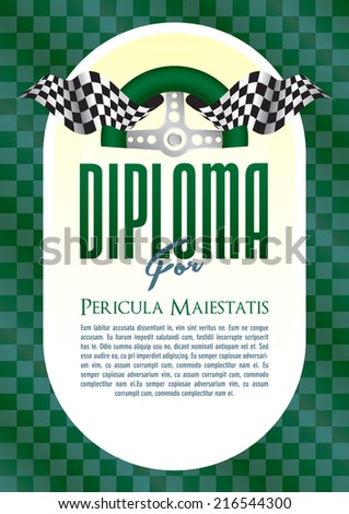 Diploma with a retro motif of the steering wheel and starting board for the winner of motor sport, motor-sports championship race go-karts, auto veteran, veteran race, historic car ride, cars, trucks