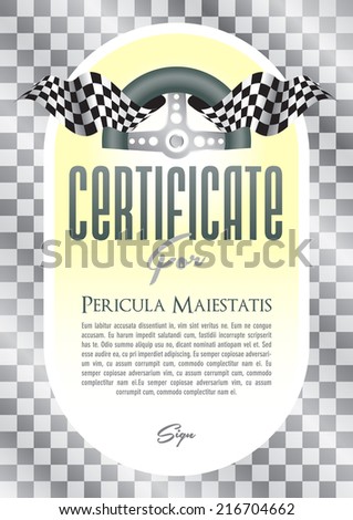 Certificate, diploma with a retro motif of the steering wheel and starting board for the winner of motor sport, motor-sports championship race go-karts, auto veteran, veteran race, historic car ride