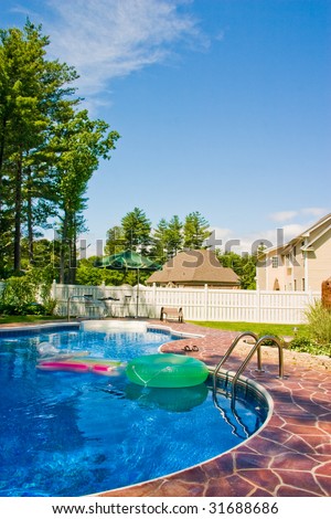 Backyard pool on a summer day.