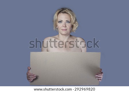 Naked woman holds up a paper for the label. Women's Health, Women's secrets