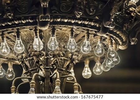 Vintage electric light bulbs in St George\'s Hall, Liverpool.
