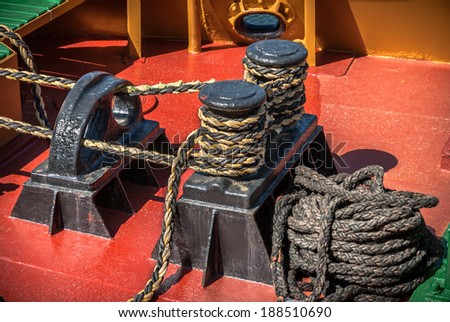 Detail of ship rigging on deck.