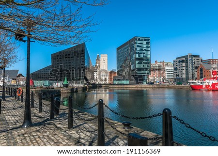 A view of Liverpool\'s modern buildings on Mann Island from the Albert Dock.