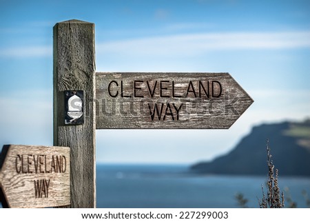 Signpost for the cleveland way coastal walk in North Yorkshire near Robin Hood\'s Bay.