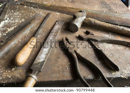 Rustic Workbench With Old Tools