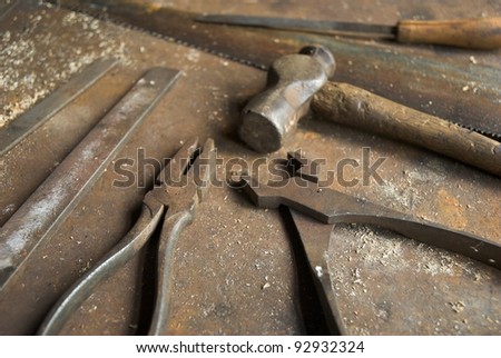 Rustic Workbench With Old Tools
