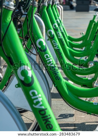 LIVERPOOL, UNITED KINGDOM - April 4: bicycles of the City Bike public cycle hire scheme on April 4th, 2015 in Liverpool, United Kingdom. Liverpool\'s City Bike scheme launched in May 2014