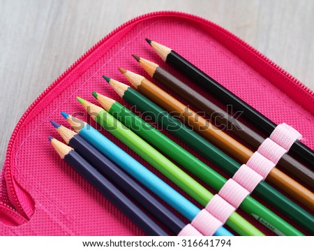 Color pencils for school in a pencil case