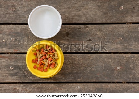 Dog food and water on wooden floor