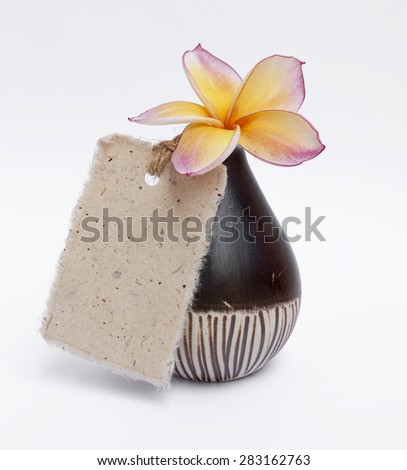 Closeup Natural color name tag on flower vase, spa concept
