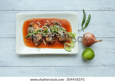 Thai style Canned Mackerel Fish in Tomato Sauce Salad