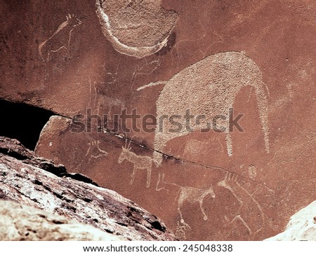 Damaraland traditional rock painting of Damara people. Namibia. Africa.