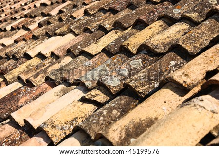 Old mediterranean roof tiles with moss