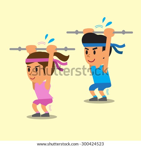 Cartoon A Man And A Woman Doing Overhead Barbell Squats Exercise Stock