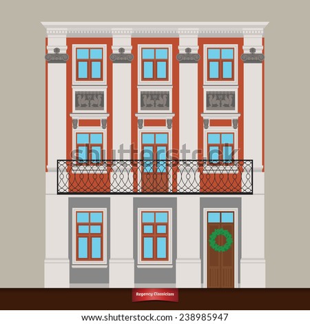 Vector house in Regency Classicism. Classical town architecture. House with columns. Dwelling house. Vector building. City infrastructure. Cityscape old beautiful building in retro style. Real estate.