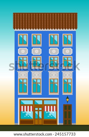 Dwelling house in Classicism style. Classical town architecture. Vector historical building. City infrastructure. Cityscape old cafe. Real estate. Elements for urban village landscapes. Townhouse.