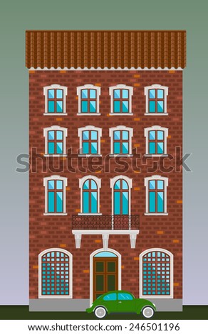 Dwelling house. Classical town architecture. Vector historical building. City infrastructure. Cityscape old red brick house. Real estate. Urban village landscapes elements. Townhouse facade. Green car