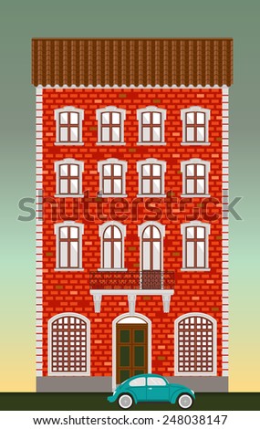 Dwelling house. Classical town architecture. Vector historical building. City infrastructure. Cityscape old red brick house. Real estate. Urban village landscapes elements. Townhouse facade. Blue car.