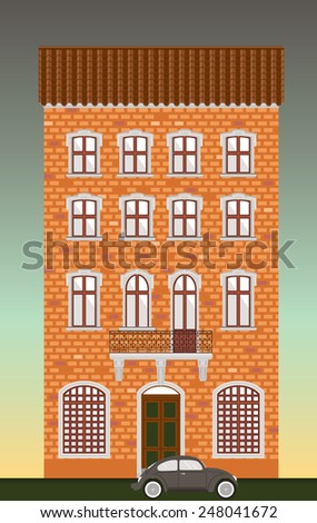 Dwelling house. Classical town architecture. Vector historical building. City infrastructure. Cityscape old red brick house. Real estate. Urban village landscapes elements. Townhouse facade. Gray car.