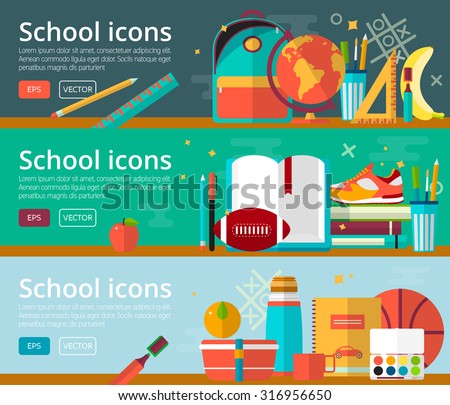 Vector flat design concepts of education. Horizontal banners with school items. Back to school concepts for web and promotional materials. Education school icons set.