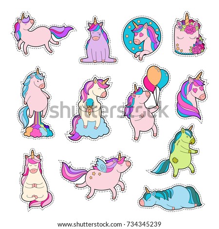 Magic unicorn patches. Trendy pink unicorn sticker pack with rainbow and different emotions: love, dream, sad, happy, farting rainbow. Teenage pin set. Zombie pony. Vector illustration.