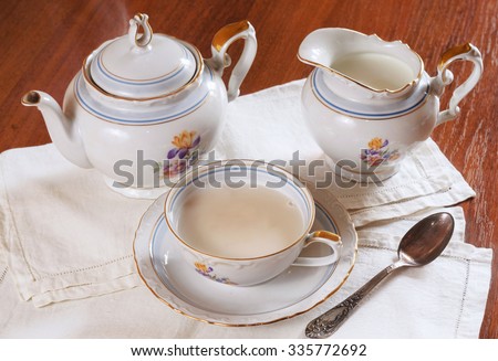 Tea composition, tea set, black tea with milk on wood