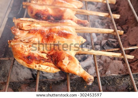 Roast chicken or Kai yang or ping gai is street food from the Lao people of Laos and Isan, but it is now commonly eaten throughout the whole of Thailand. street food style