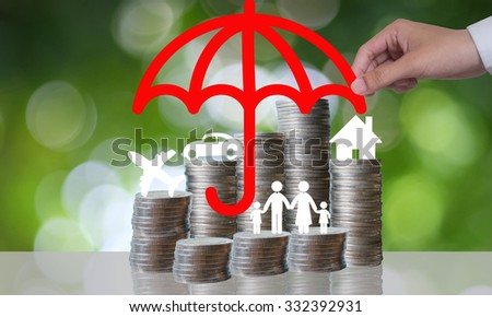 Coin stacks with travel , family , home and car with the protect umbrella on green background , business idea and insurance concept