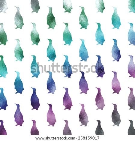 Rainbow Green Purple Teal Blue and White Penguin Faux Foil Metallic Polka Dots Background Penguins Pattern Texture