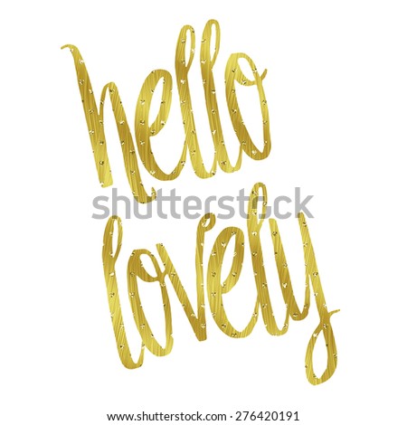 Hello Lovely Gold Faux Foil Metallic Glitter Inspirational Quote Isolated on White Background