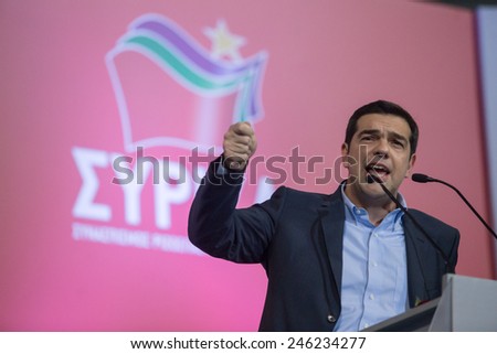 Thessaloniki, Greece JJanuary 21, 2015 - Alexis Tsipras leader of the Coalition of the Radical Left (SYRIZA) speaks in Palai de sport, Thessaloniki, Greece few days before the National  elections 2015