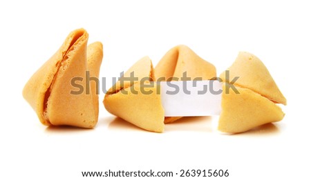 Fortune cookie with blank paper on white background