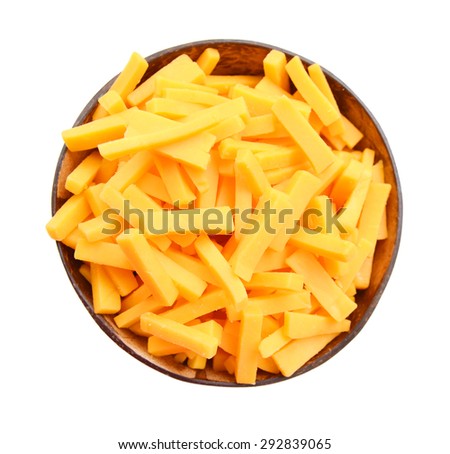 string cheese isolated in wooden bowl on white