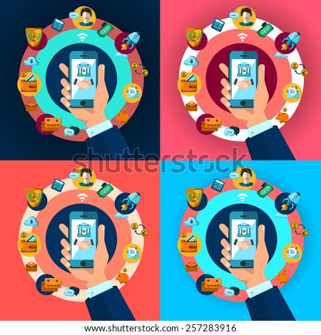 Mobile banking, finance set, business icons flat design. App icons, business collection, office elements
