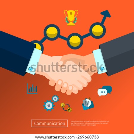 Business connection and relations. Business icons in flat, e-business, apps banner, handshake illustration