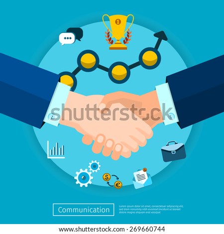Business connection and relations. Business icons in flat, e-business, apps banner, handshake illustration